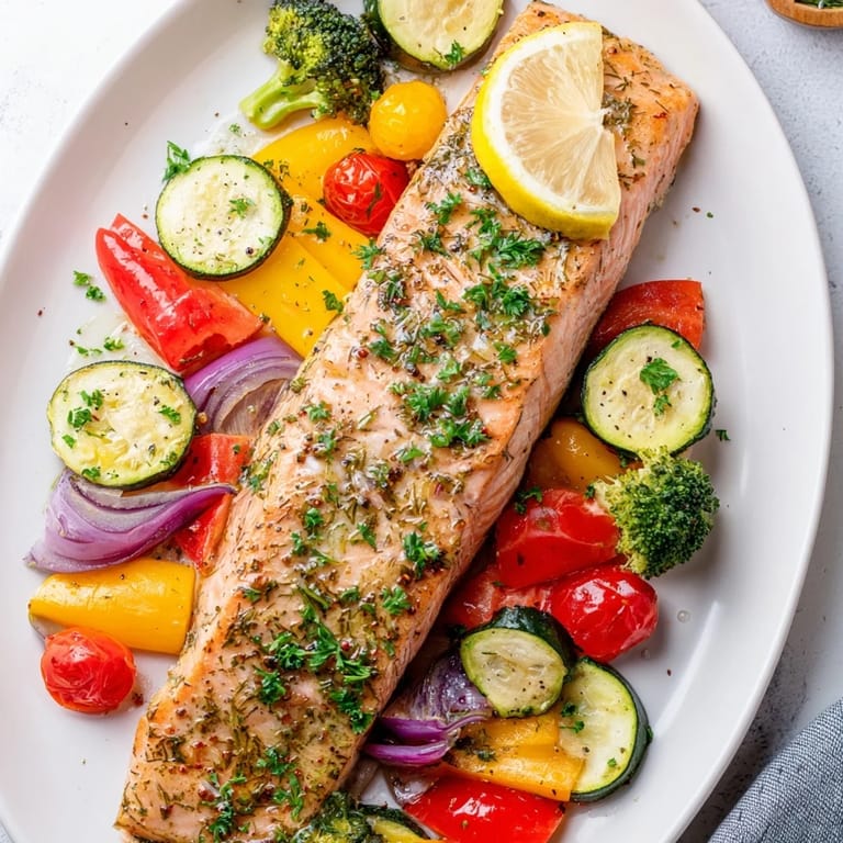This easy salmon sheet pan bake showcases salmon fillets nestled among vibrant, roasted vegetables.