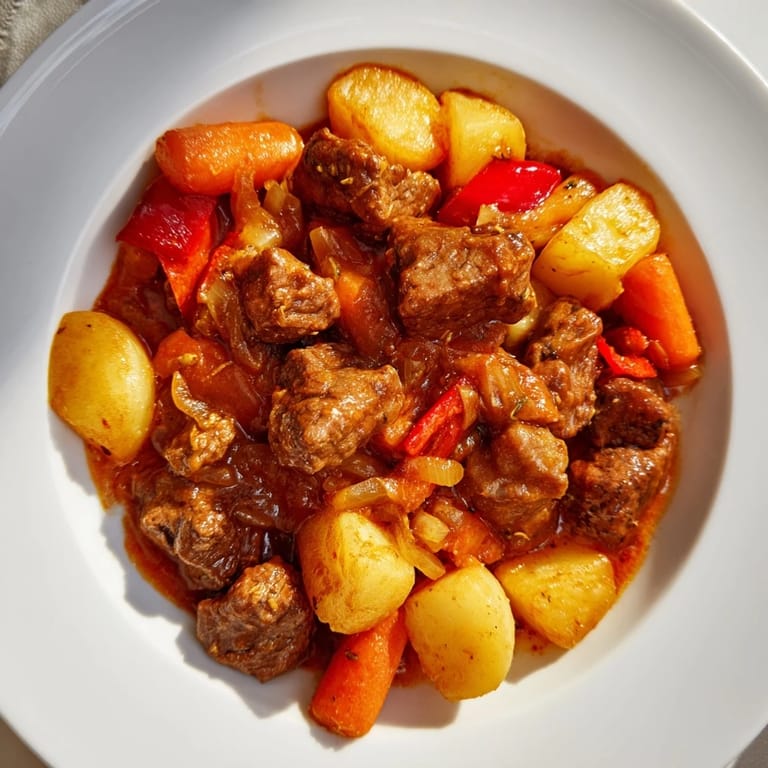 A close-up view of a flavorful bowl of Hungarian Goulash, ready to be served with crusty bread.