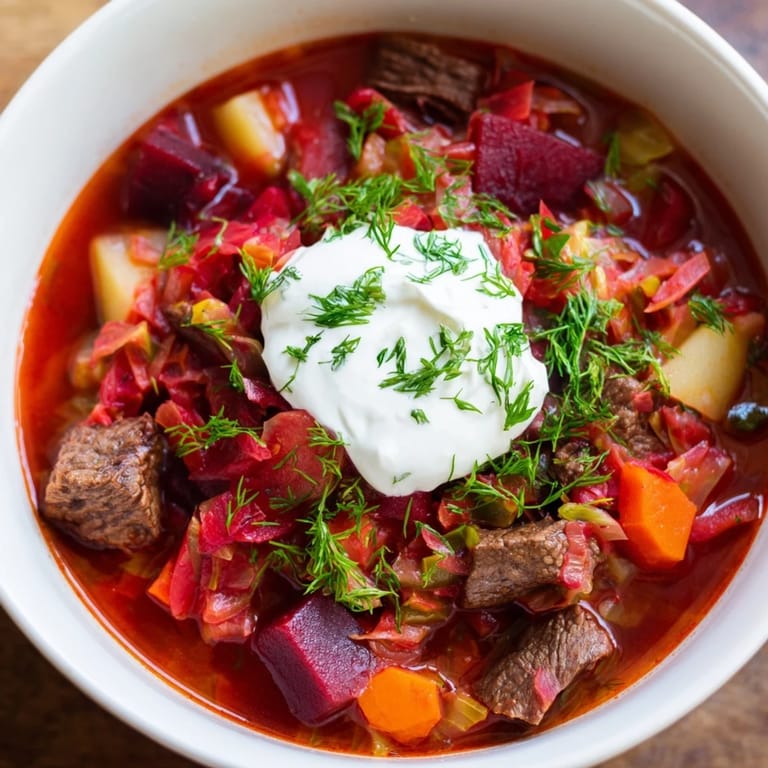 A close-up shot of hearty Ukrainian Borscht soup, showcasing tender beef and colorful vegetables.