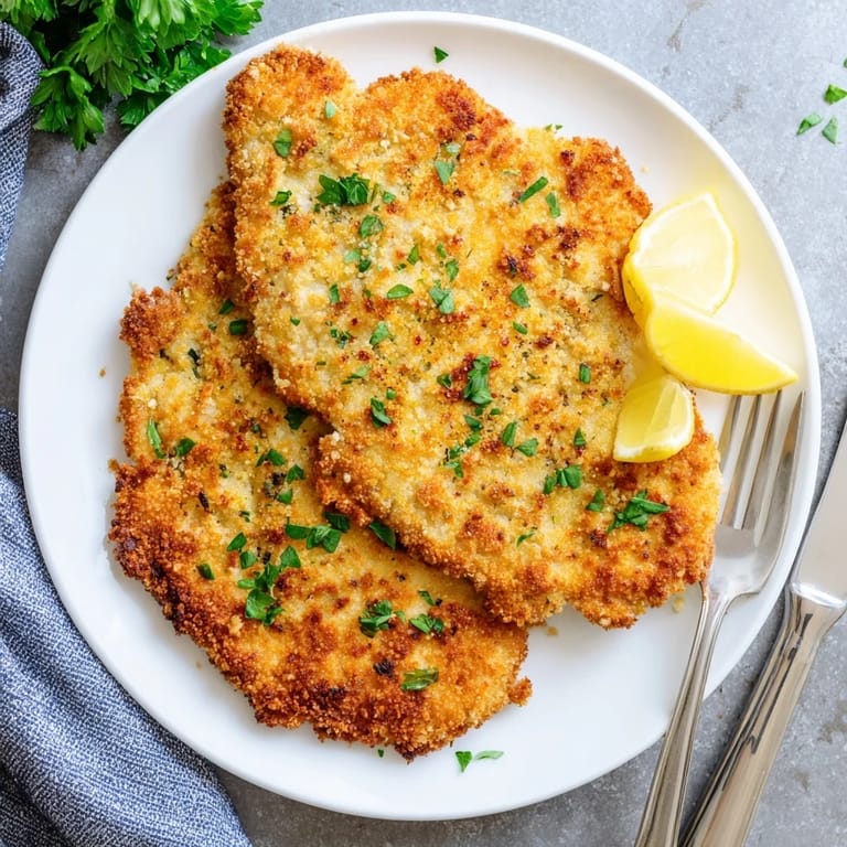 Crumbly, golden-brown Crispy Parmesan Chicken Cutlet sits beside bright lemon wedges and fresh parsley on a white ceramic plate.