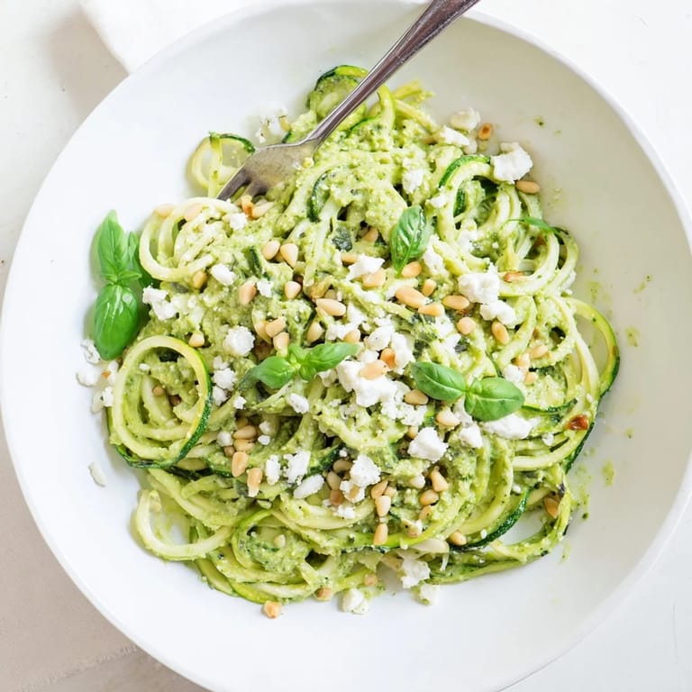 Creamy avocado pesto coats tender zucchini noodles in this healthy, low-carb meal served with toasted pine nuts.