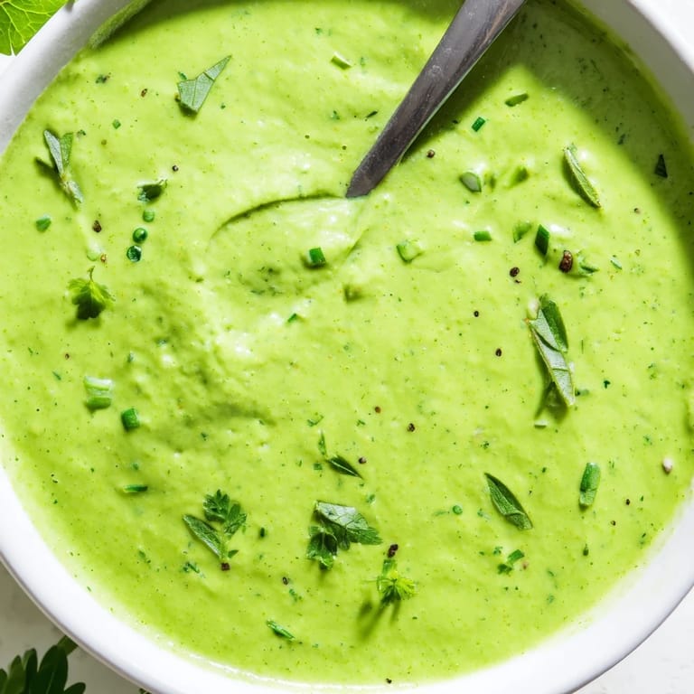 Thick, creamy Green Goddess Dressing in a glass jar with a wooden spoon, surrounded by crisp vegetable crudités.