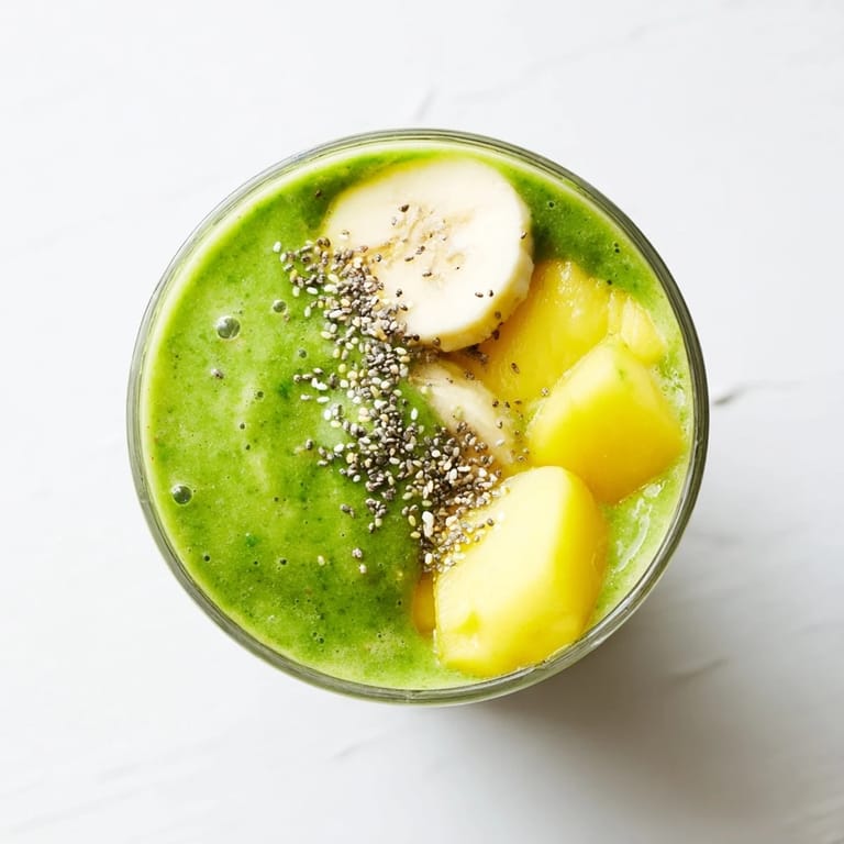 Vibrant green Spinach-Hidden Smoothie in a chilled glass, garnished with banana slices, showcasing its creamy texture and nutrient-rich ingredients for a refreshing, vegan-friendly beverage.