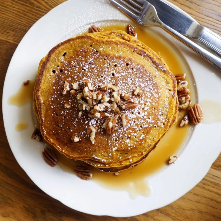 Pumpkin spice pancakes, golden-brown on the griddle, infused with cinnamon and ginger, ready for brunch.