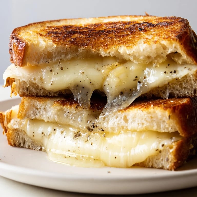 Buttery Truffle Grilled Cheese, sliced to reveal gooey Gruyère, served hot on a rustic cutting board.  