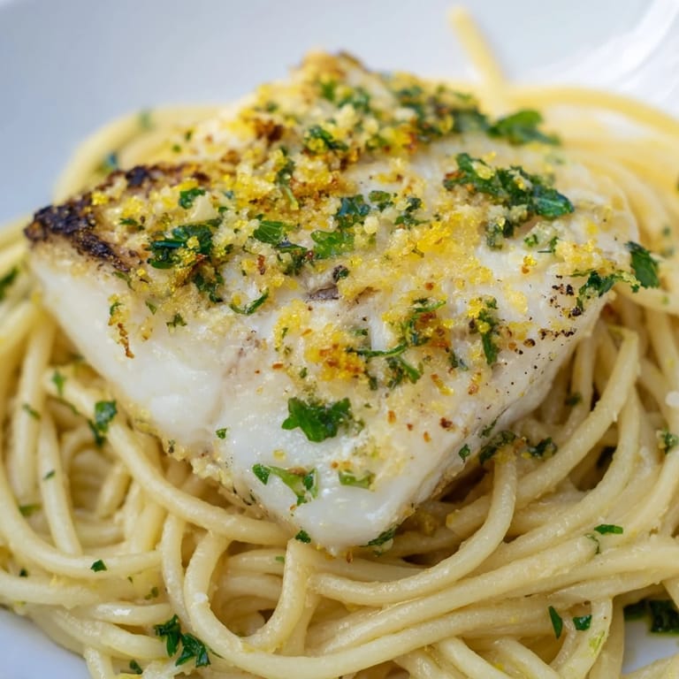 Lemon bass pasta served with a lemon wedge and Parmesan, highlighting the flaky texture and citrus aroma.