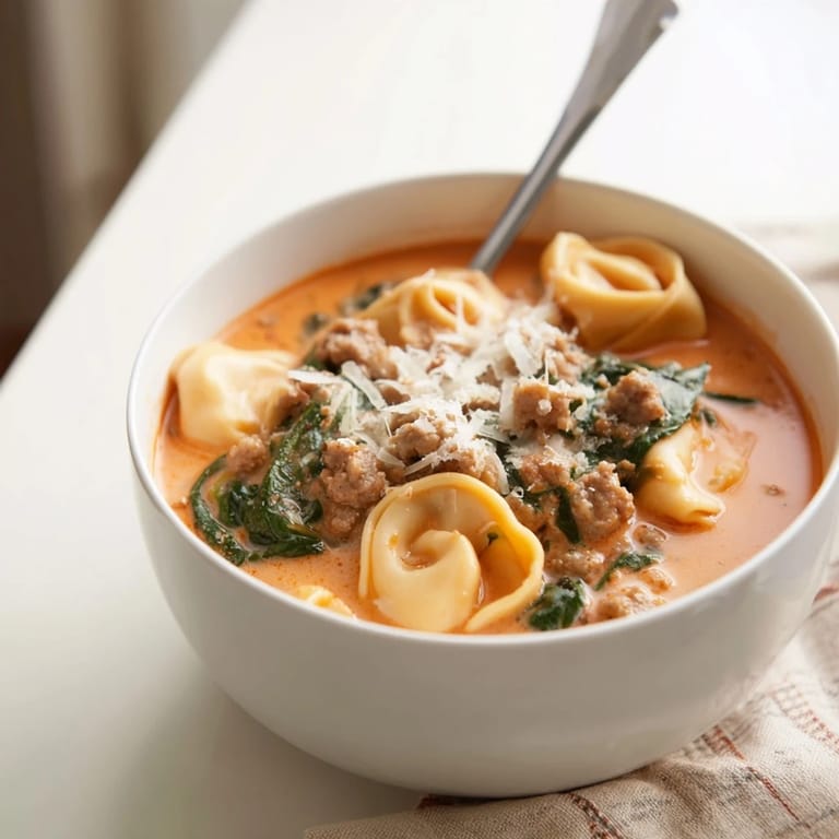Hearty Tuscan Tortellini Soup paired with crusty bread on a wooden table, ready for a comforting family dinner or cozy lunch.