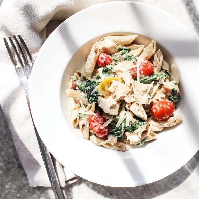 A close-up of Greek Yogurt Chicken Pasta showing a glossy sauce coating whole wheat penne and tender chicken bites.