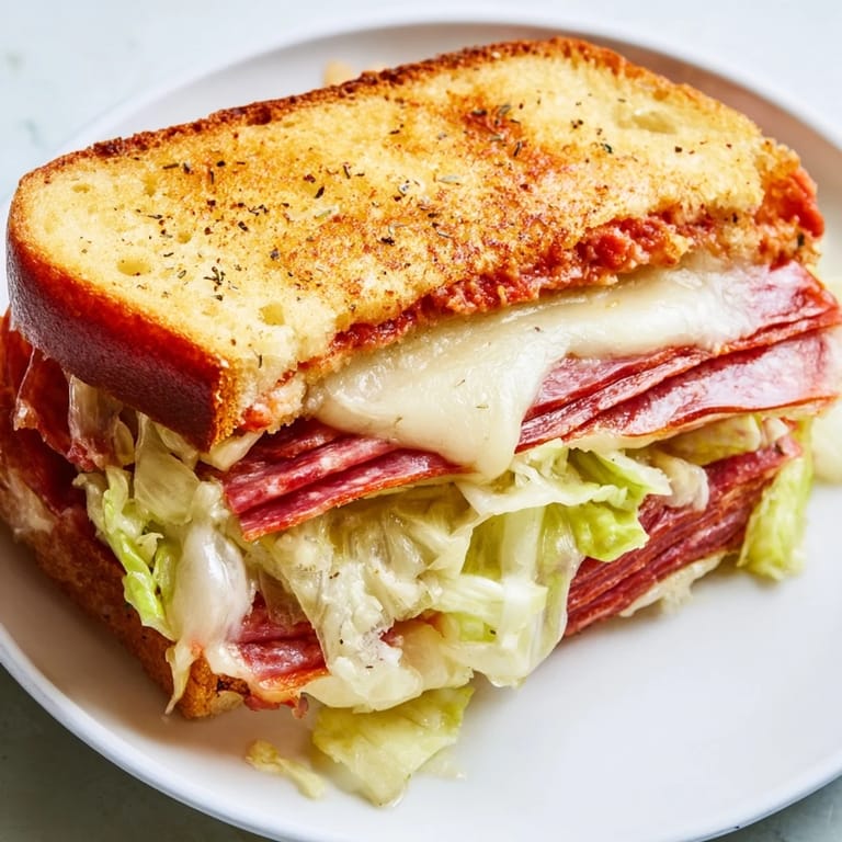Savory Italian sub grilled cheese featuring layers of melty provolone, pepperoni, and salami on crisp buttered bread, served hot.