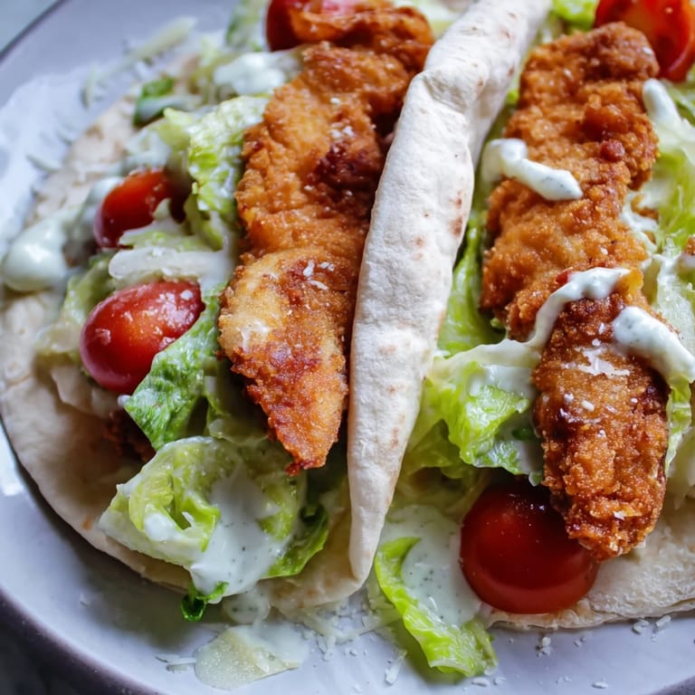 Savor the Crispy Chicken Caesar Pita: crunchy air-fried chicken, cool Caesar salad, and warm pita pockets.