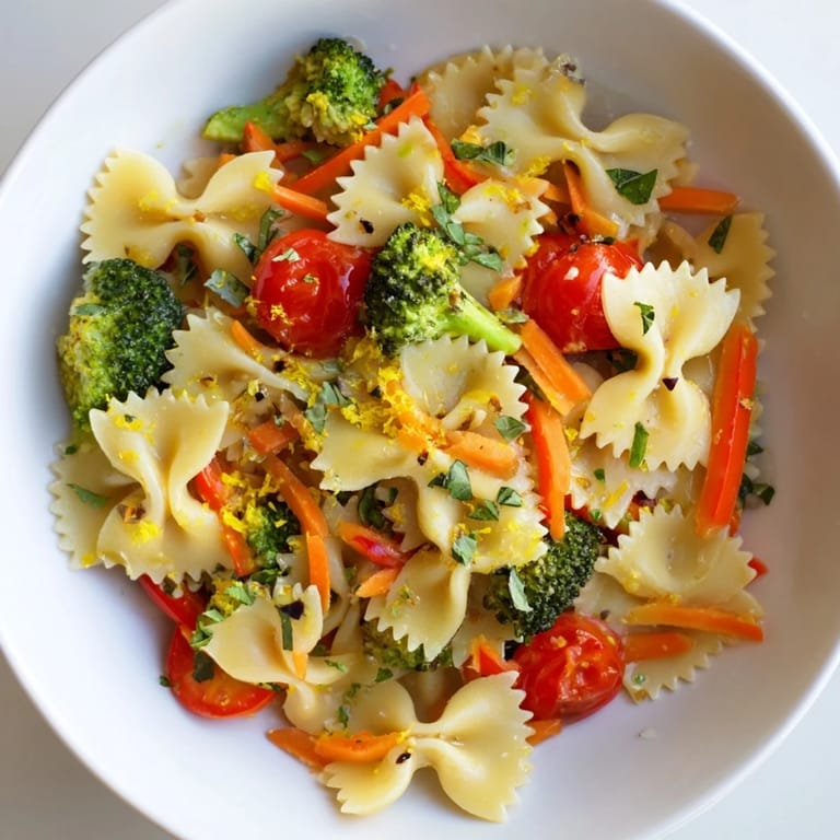 Close-up view of the freshly prepared Rainbow Veggie Pasta Primavera, showing tender al dente farfalle coated in olive oil and topped with basil.