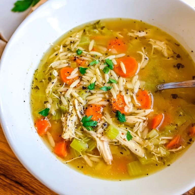 Hearty Lemon Pepper Chicken Orzo Soup served with crusty bread and a sprinkle of Parmesan, ideal for a comforting meal.