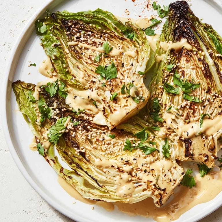 Vegan roasted cabbage wedges with tahini sauce garnished with sesame seeds, served warm as a healthy side dish.  