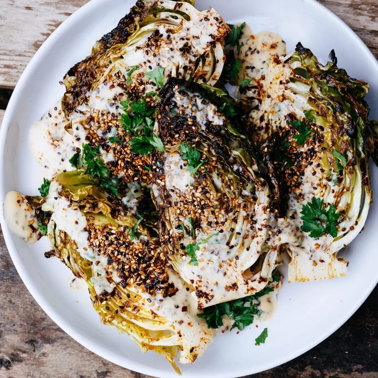Tender roasted cabbage wedges drizzled with nutty tahini sauce, topped with smoked paprika for a Middle Eastern-inspired flavor.