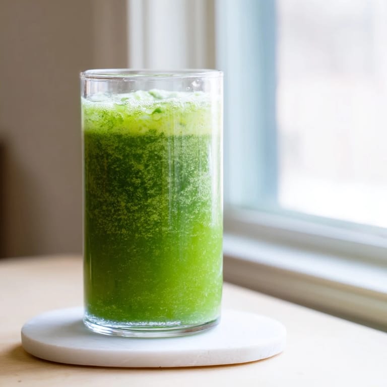 A refreshing Cabbage and Kale Detox Juice blending chopped cabbage, kale, and cucumber, ready to be poured from a blender.