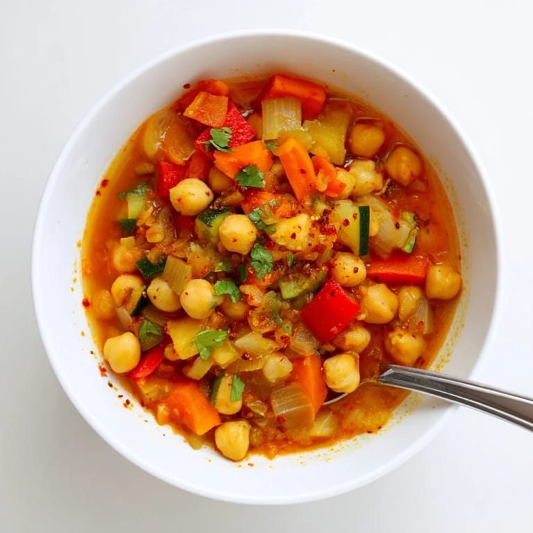 Spicy Chickpea Stew simmering in a pot with diced tomatoes and warming spices.