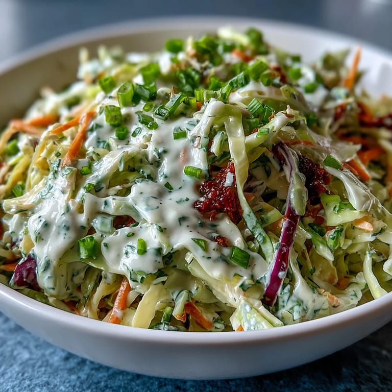 Finely chopped cabbage, carrots, and green onions are tossed in a tangy mayo and apple cider vinegar dressing, perfect for a picnic or barbecue.