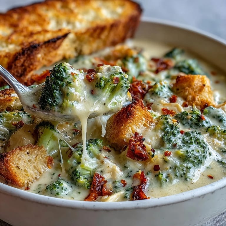 Hearty Best Chicken Broccoli Cheddar Soup topped with fresh broccoli florets beside a slice of crusty bread.