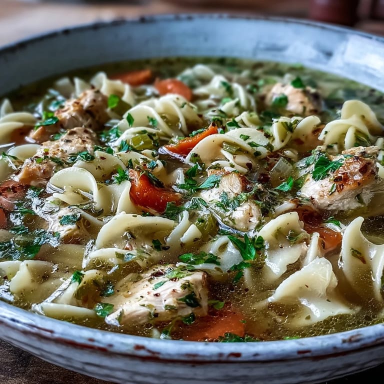 Spoon lifting hearty Chicken Noodle Soup, showcasing colorful vegetables and soft egg noodles in a comforting dinner serving.