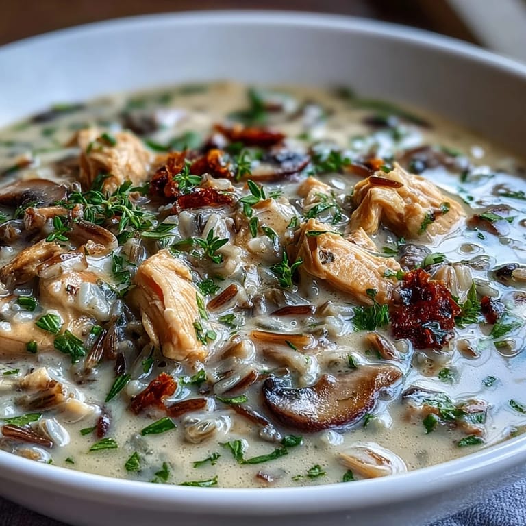 Close-up of creamy Parmesan Mushroom Chicken and Wild Rice Soup featuring tender chicken pieces, sliced mushrooms, and wild rice.