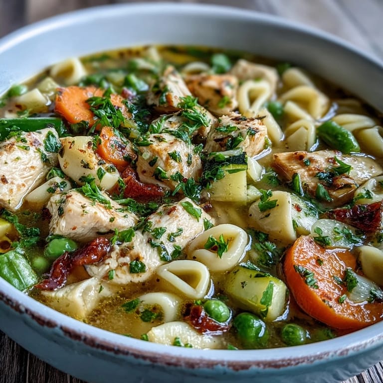 Steamy pot of Pasta Soup With Chicken and Vegetables simmering on the stove, loaded with carrots, zucchini, green beans, and peas in a rich broth.