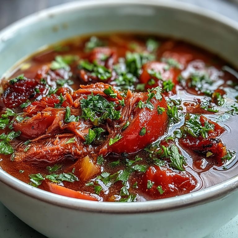 Steaming bowl of Tuna and Tomato Soup with chunks of tuna, diced tomatoes, and herbs, served beside fresh basil.
