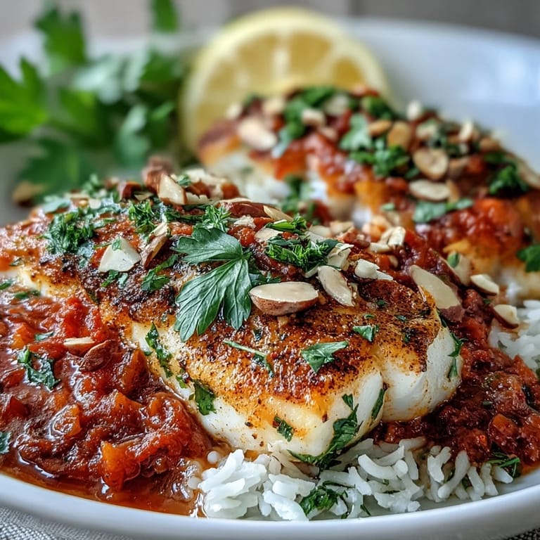 A close-up view of tomato-roasted cod with vibrant red sauce and toasted spiced almonds, served alongside steaming ginger rice.