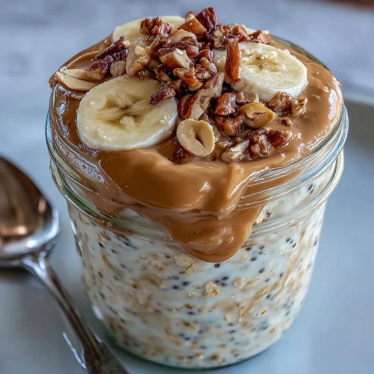 A generous jar of peanut butter overnight oats, layered with creamy oats and sliced bananas.