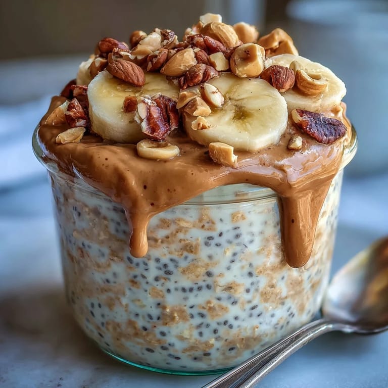 A nourishing breakfast bowl of protein-packed peanut butter oats, garnished with chopped peanuts and a honey drizzle.