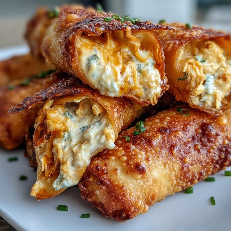 Crunchy egg rolls filled with spicy buffalo chicken and melty cheddar cheese, served hot on a slate board.