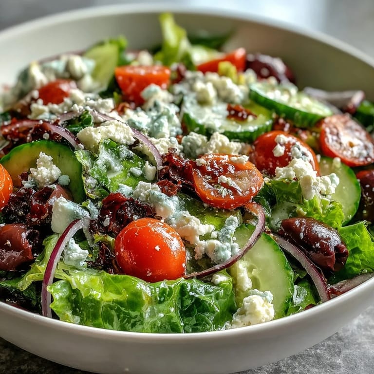 A refreshing Mediterranean Green Salad Bowl drizzled with zesty Greek dressing, perfect for a light lunch or healthy dinner side dish.