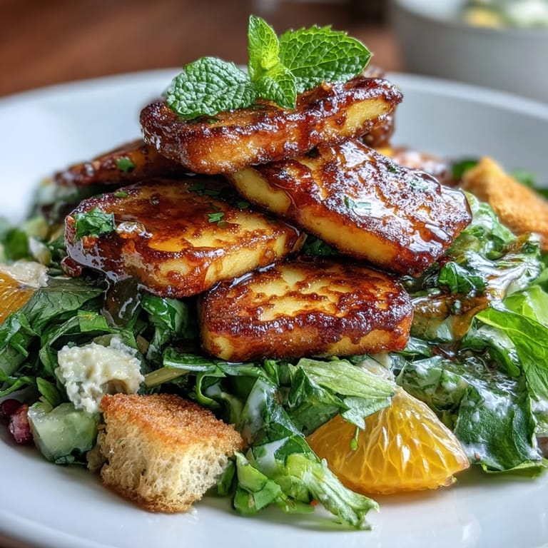 Crispy sourdough croutons and bright salad greens tossed in a zesty sumac dressing for Halloumi Blood Orange Fattoush.