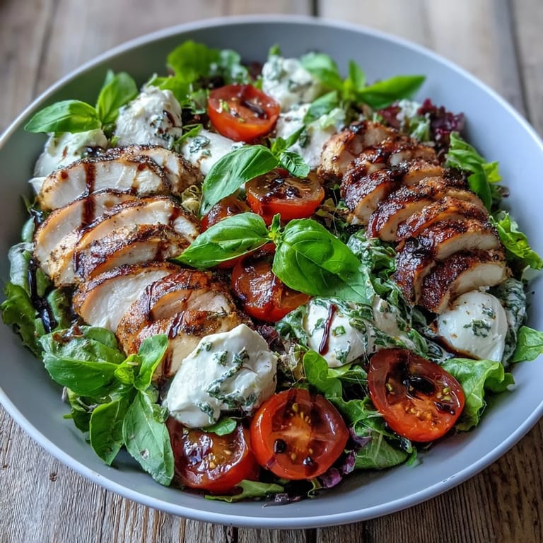 Close-up of a Caprese Chicken Bowl showing juicy grilled chicken, creamy mozzarella, and balsamic reduction for a low-carb dinner.