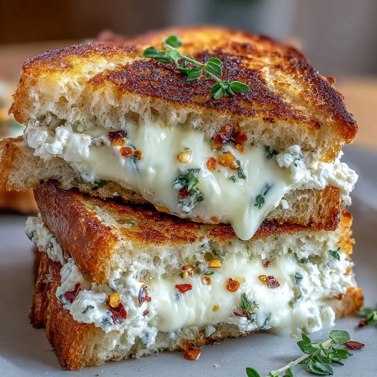 Two halves of a toasted goat cheese grilled cheese sandwich show melted chèvre filling and thin pear slices on a plate.