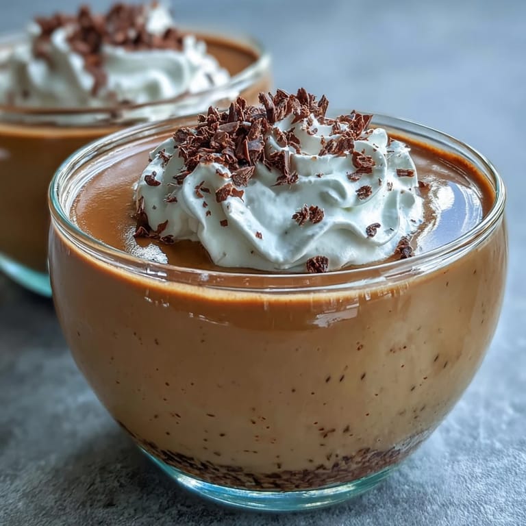 A chilled Hojicha Pudding topped with a dollop of whipped cream and roasted green tea leaves.