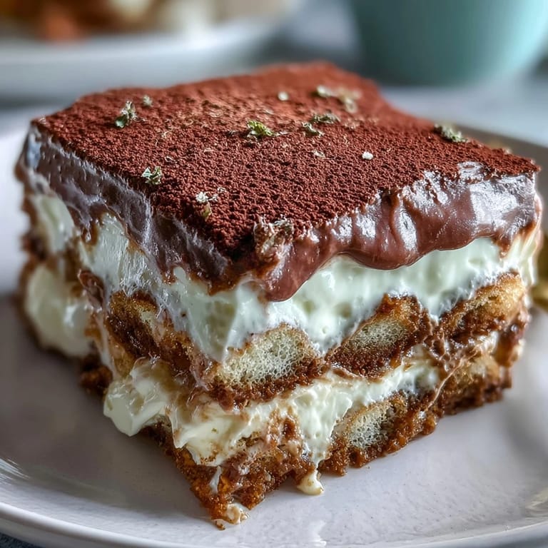 Hojicha tiramisu dessert in a glass dish ready to serve at a dinner party.