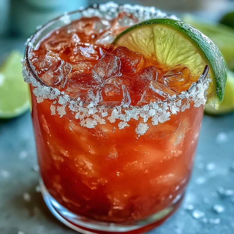Freshly shaken Best Guava Margarita with vibrant pink guava juice, lime wedge, and Tajín garnish on a tropical table.