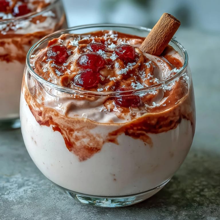 Close-up of chilled Guava Coquito poured from blender into jar, tropical coconut and rum aroma.