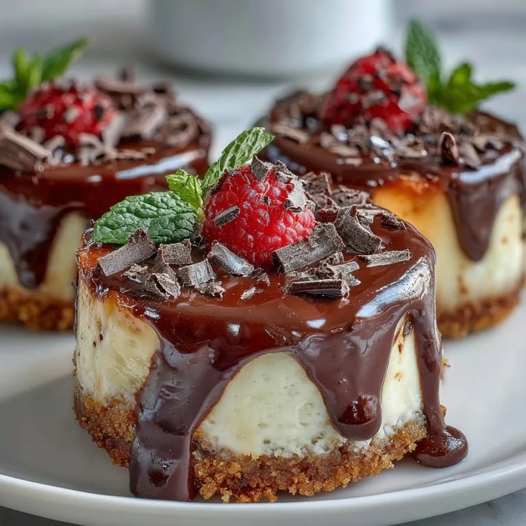 Delicate mini cheesecakes with smooth cream cheese filling and crisp graham cracker base, garnished with whipped cream and chocolate shavings for a party-ready treat.