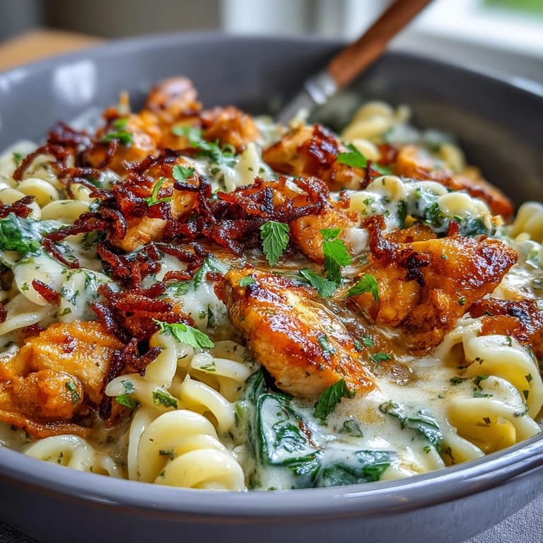 Golden chicken and orzo simmered in lemon-garlic broth, tossed with wilted spinach for a fresh spring meal.  