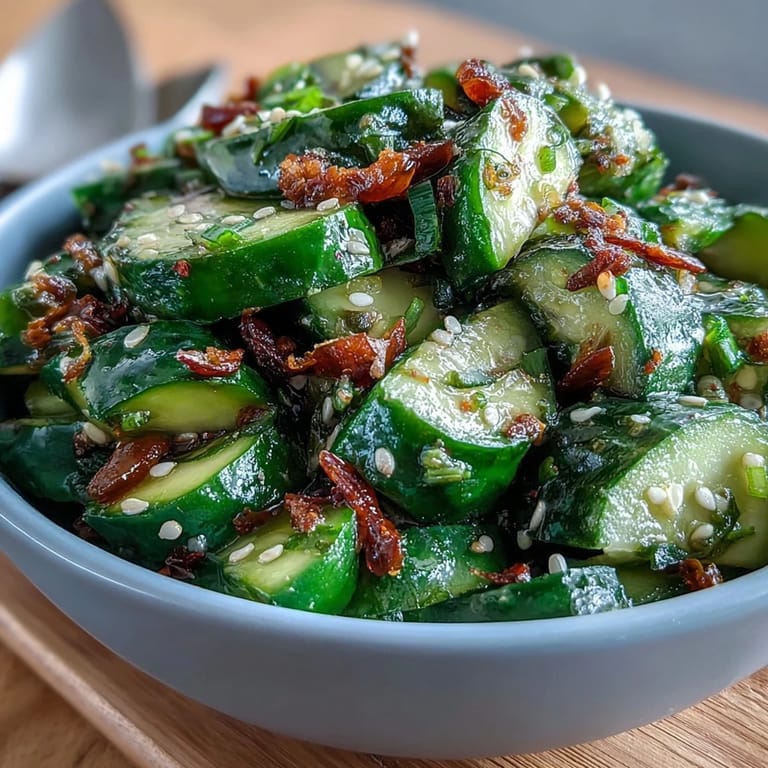 Refreshing smashed cucumber salad with garlic chili oil, topped with sesame seeds and fresh scallions for a zesty crunch.  