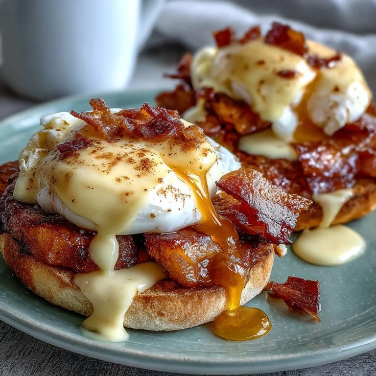 Golden poached eggs and Canadian bacon layered on buttered English muffins, finished with rich, velvety hollandaise sauce.