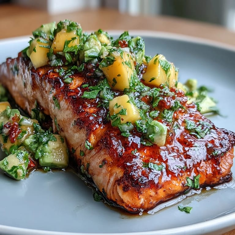 Healthy baked salmon paired with bright mango avocado salsa, a perfect light and refreshing main dish.