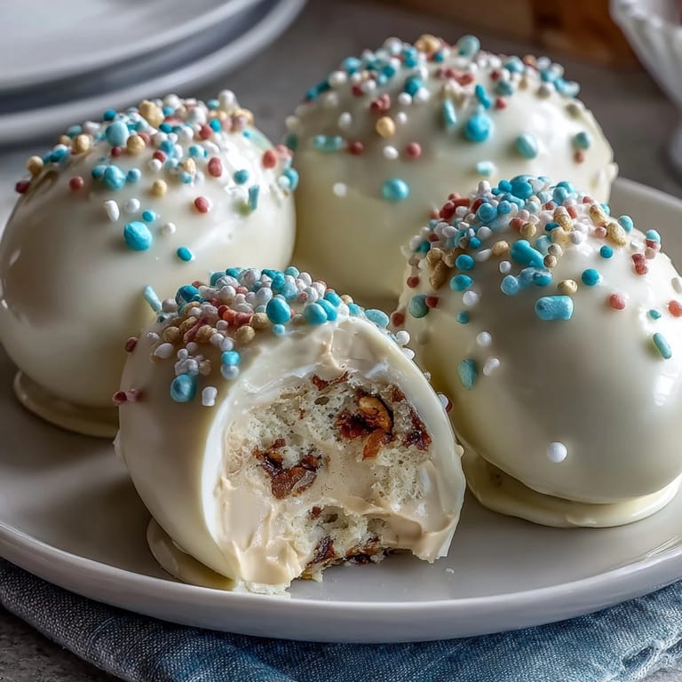 Festive Easter eggs with a rich peanut butter filling, smooth white chocolate shell, and vibrant sprinkles, ideal for gifting or springtime parties.