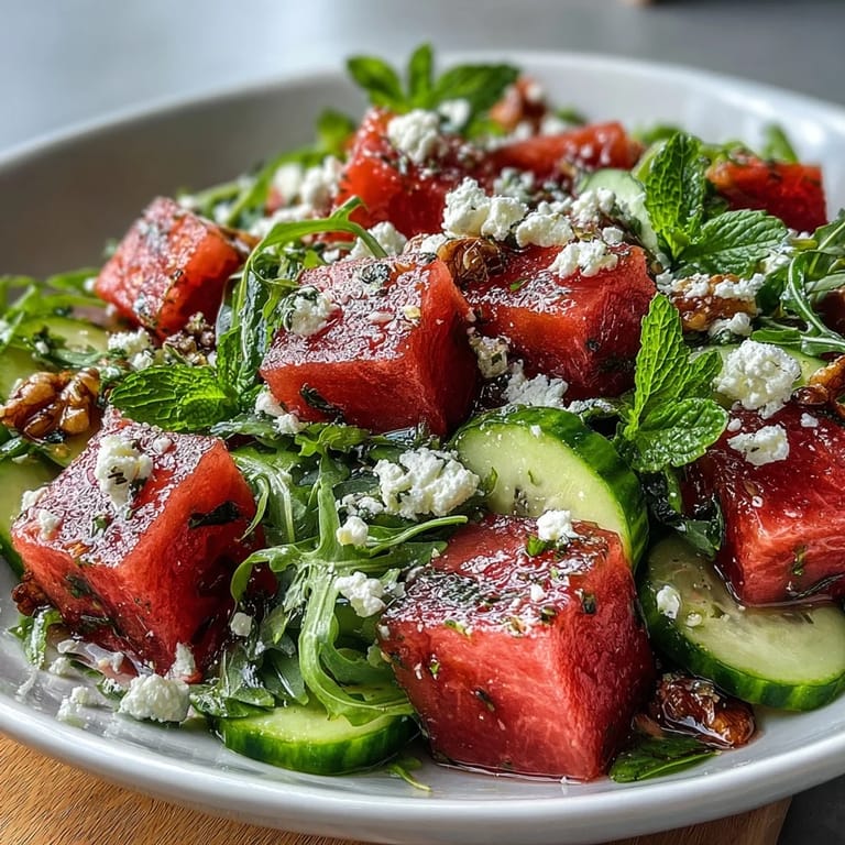 Juicy watermelon cubes tossed with peppery arugula, cucumber, red onion, and creamy feta in a zesty citrus dressing.