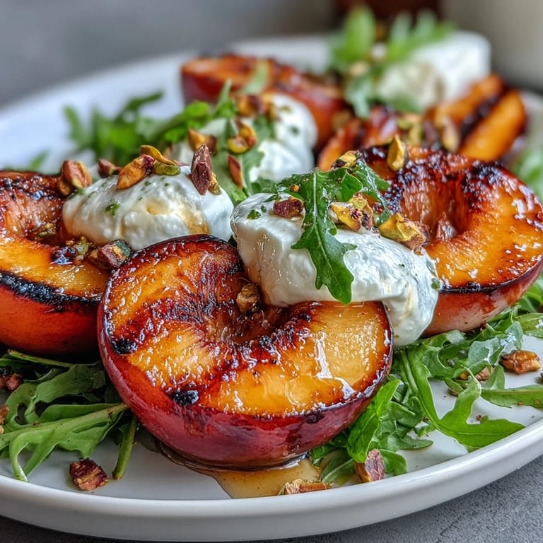 A refreshing Grilled Peach and Burrata Salad, drizzled with honey balsamic dressing.