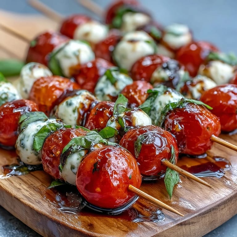 Juicy cherry tomatoes, creamy mozzarella, and basil on skewers with thick balsamic glaze.