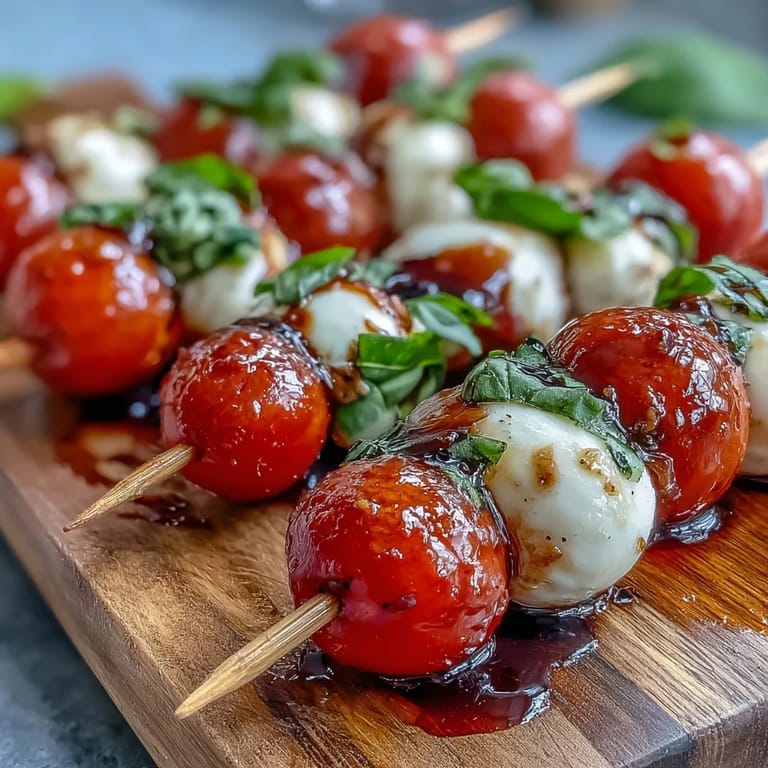 Colorful mini Caprese skewers with fresh basil and rich balsamic reduction, perfect appetizer.
