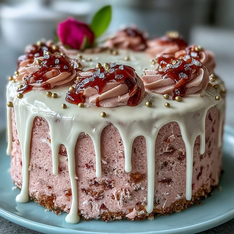 A moist rosé velvet cake, frosted and adorned with shimmering edible gold drip.