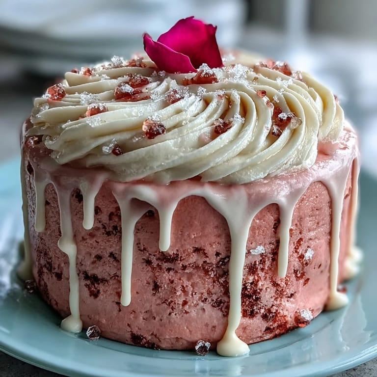 Elegant pink rosé velvet cake, perfect for bridal showers, with a touch of gold.